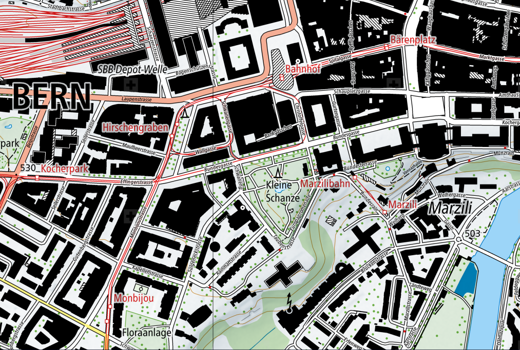 Une partie du centre-ville de Berne, sur la carte nationale.