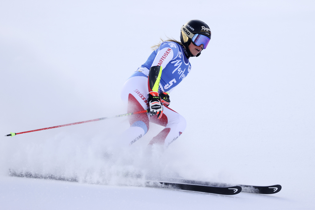 Switzerland's Lara Gut-Behrami arrives at the finish area of an alpine ski, women's World Cup giant slalom, in San Vigilio di Marebbe, Italy, Tuesday, Jan. 26, 2021. (AP Photo/Alessandro Trovati)