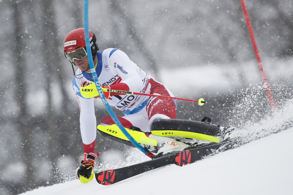 Switzerland's Ramon Zenhaeusern speeds down the course during an alpine ski, men's World Cup slalom, in Chamonix, Saturday, Jan. 30, 2021. (AP Photo/Gabriele Facciotti)