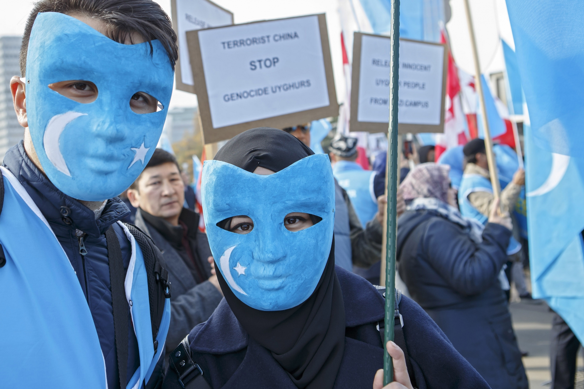 Uyghurs people demonstrate against China during the Universal Periodic Review of China by the Human Rights Council, on the place des Nations in front of the European headquarters of the United Nations, in Geneva, Switzerland, Tuesday, November 6, 2018. (KEYSTONE/Salvatore Di Nolfi)