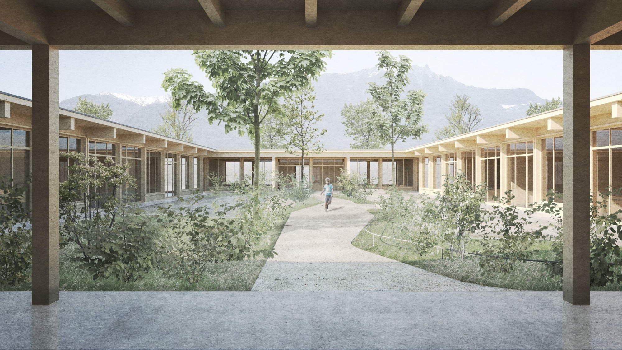 La future crèche-UAPE de Saillon, en ossature bois, sera formée de quatre bâtiments distincts entourant un jardin central réservé aux enfants.