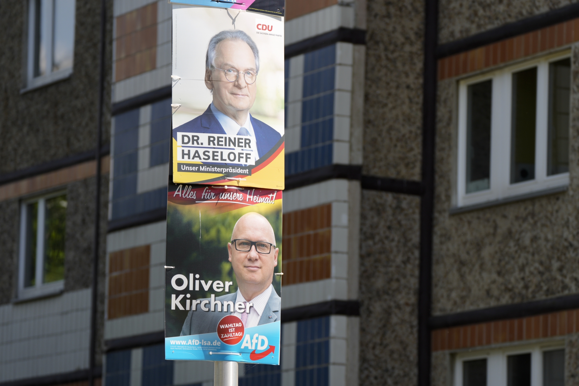 Affiches des candidats de la CDU et de l’«Alternativ für Deutschland» (AfD) à Magdebourg, capitale du Land Saxe-Anhalt.