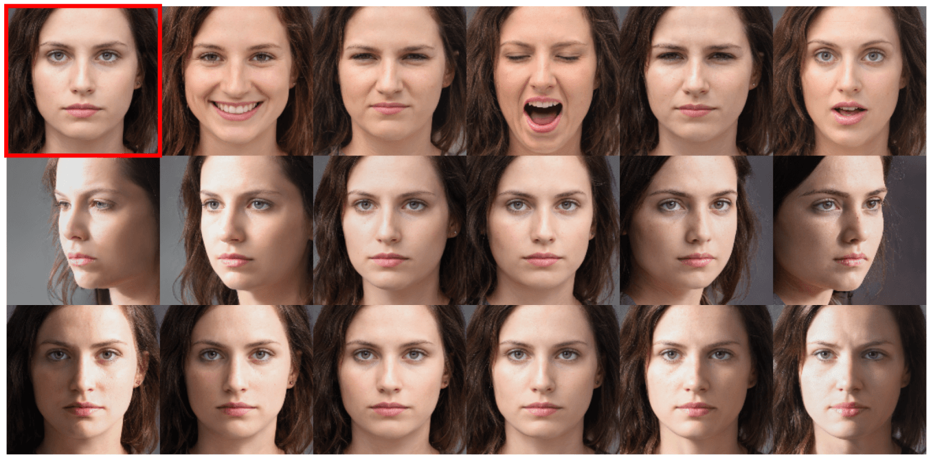 Un exemple de visage de synthèse et ses variations nécessaires à l'entraînement d'un système de reconnaissance faciale.