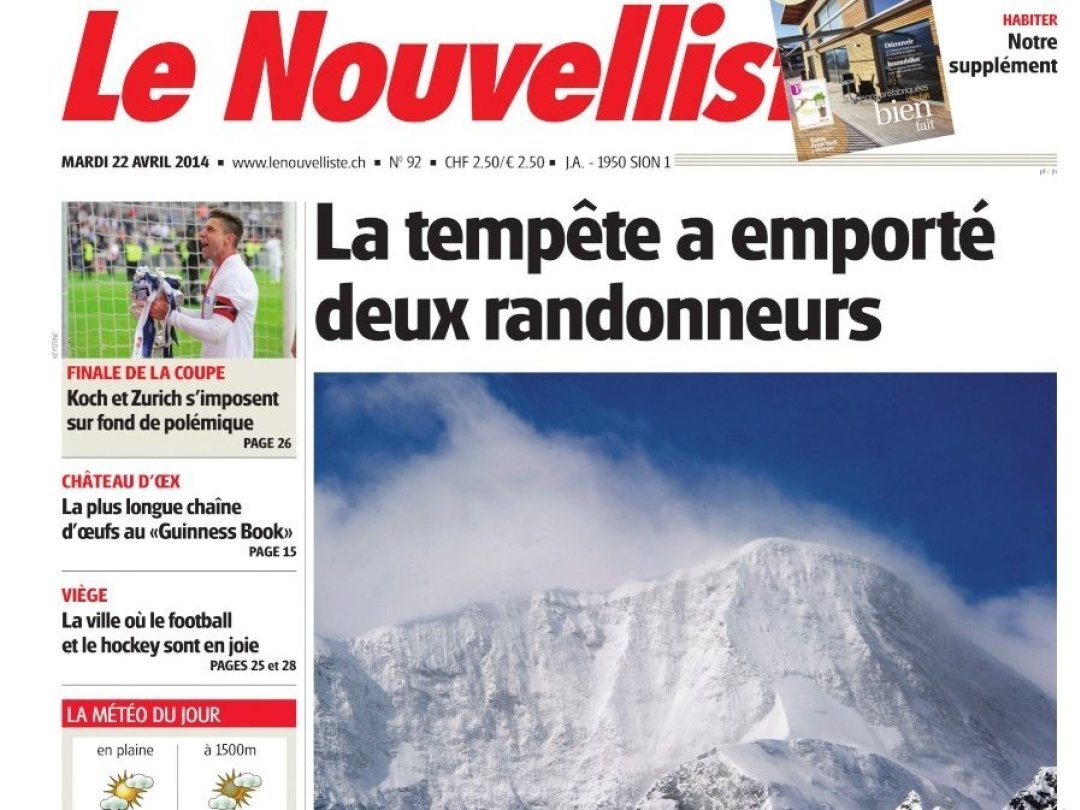 La Une du "Nouvelliste" du 22 avril 2014 consacré à la disparition des frères Marquis.