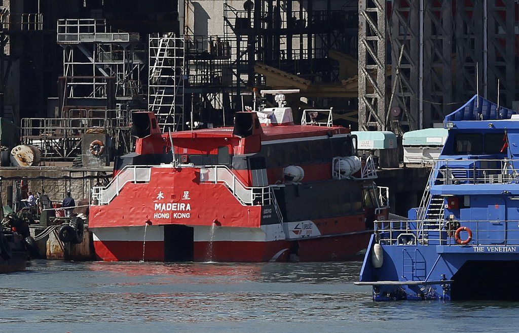 A high-speed ferry, Madeira, is docked at a shipyard after hitting an unidentified object in Hong Kong Friday, Nov. 29, 2013. The hydrofoil heading from Hong Kong to Macau struck the object off an outlying island in the predawn Friday, leaving dozens of passengers injured, authorities and the ferry company said. (AP Photo/Kin Cheung)