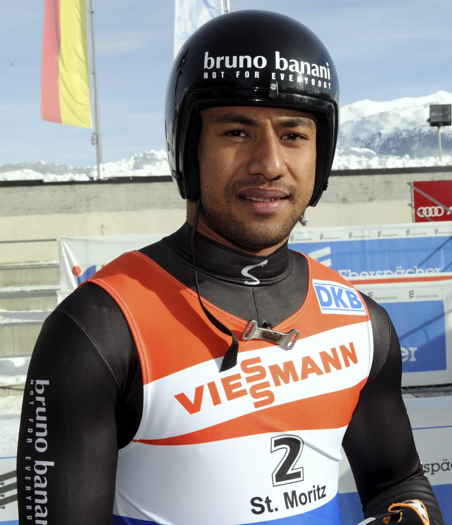 Bruno Banani of Tonga poses after his run during the men's single competition at the Luge World Cup in St. Moritz, Switzerland, Sunday, January 29, 2012. (KEYSTONE/Karl Mathis)