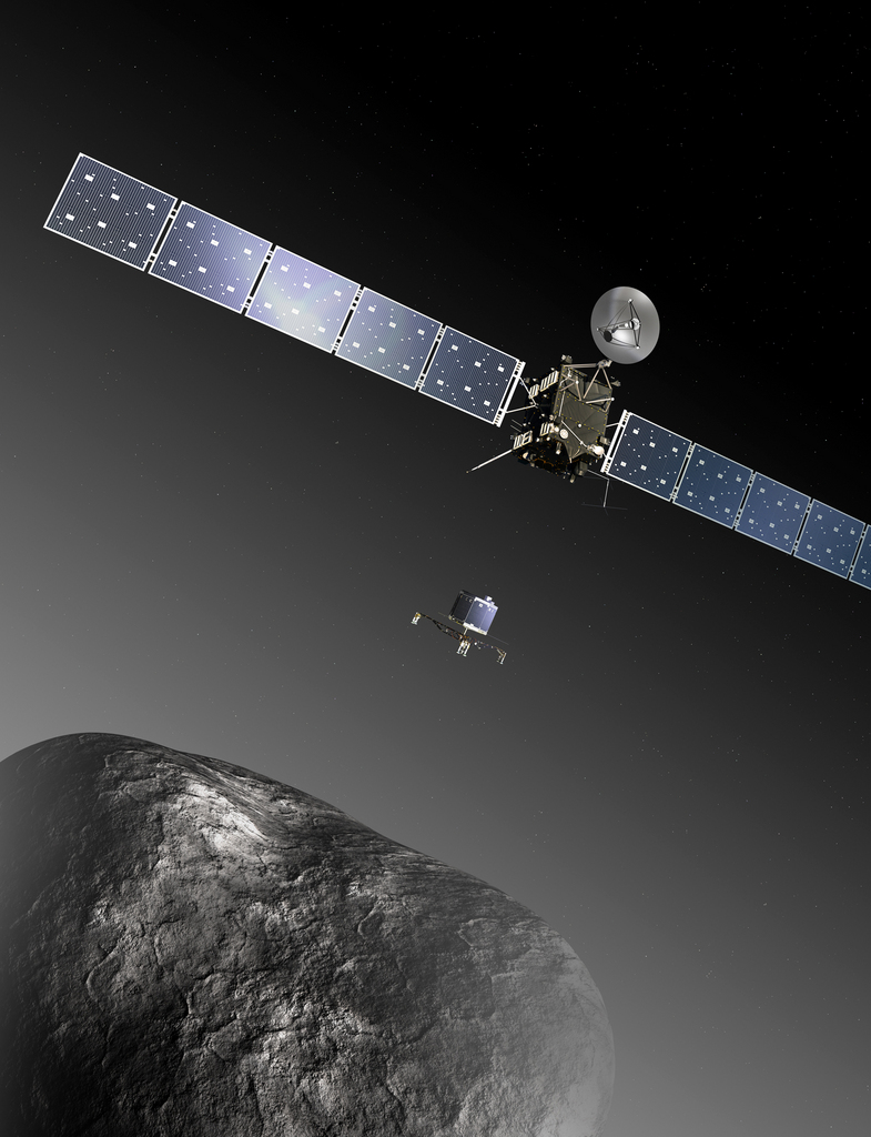 Cette image d'illustration montre le petit robot Philae quittant la sonde Rosetta pour se poser sur la comète.