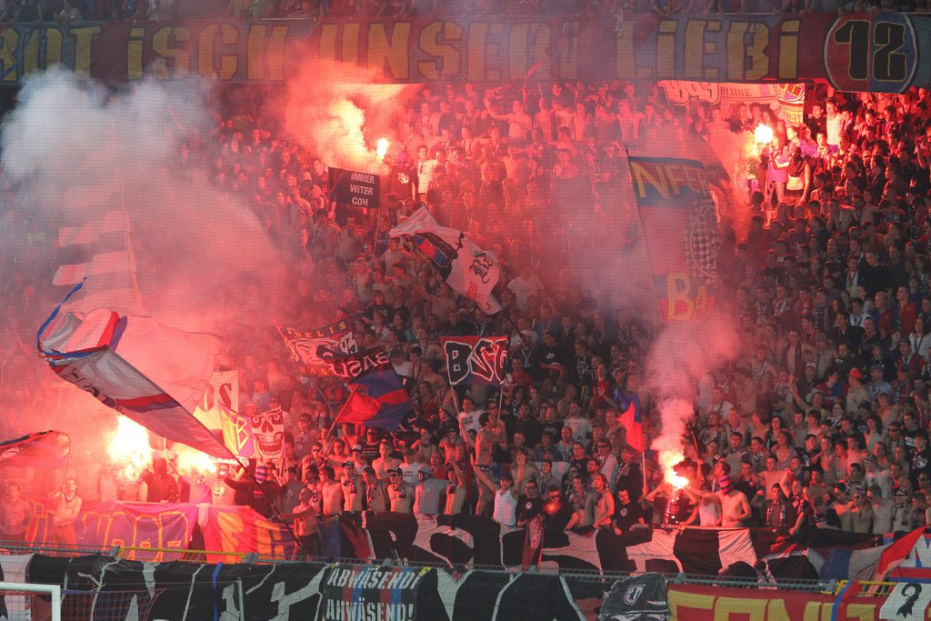 FC Basel's Supporter celebrate their Team during the Super League soccer match between FC Basel and FC Luzern at the St. Jakob-Park stadium in Basel, Switzerland, Wednesday, May 25, 2011. (KEYSTONE/Patrick Straub)