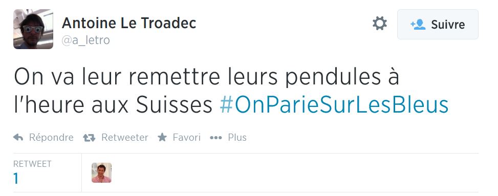 Le doute n'est pas permis pour le français Antoine Le Troadec sur Twitter, les Bleus vont gagner l'équipe de Suisse vendredi.