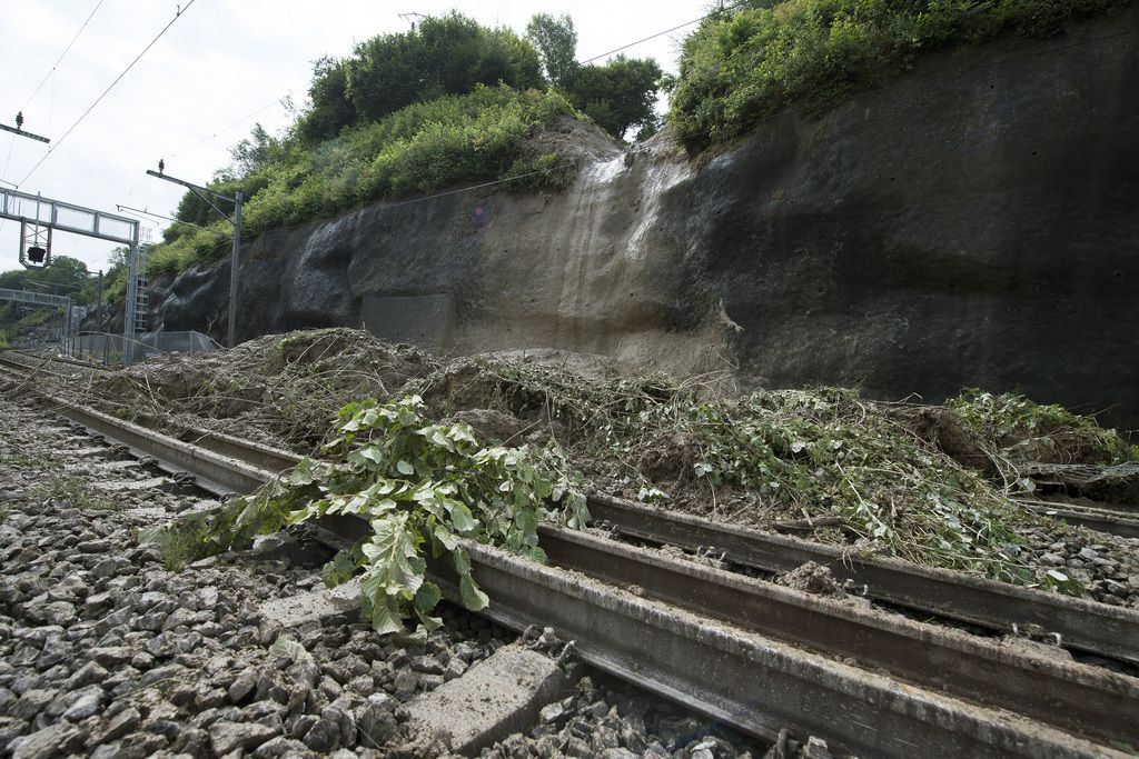 Ein Erdrutsch verschuettet die Gleise der SBB-Strecke Bern - Lausanne nach heftigen Regenfaellen am Sonntag, 13. Juli 2014 bei Flamatt.  (KEYSTONE/Lukas Lehmann)