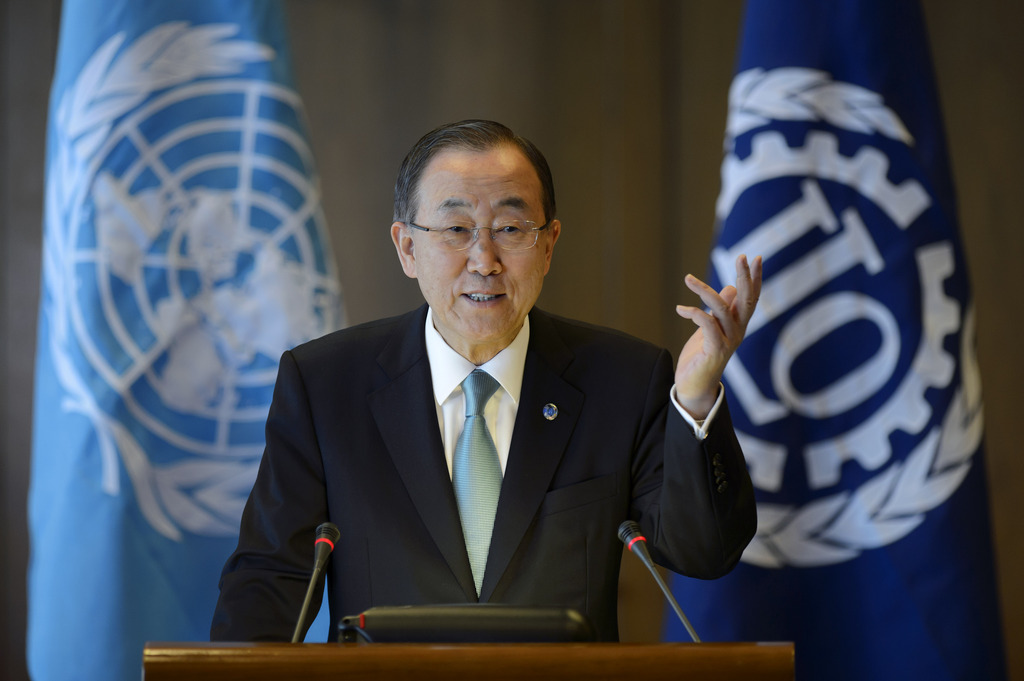 UN Secretary-General Ban Ki-moon, speaks during at an event in Geneva organized by the International Labour Organization on Youth Employment, at the headquarters of the International Labour Organisation, ILO, in Geneva, Switzerland, Wednesday, June 18, 2014. (KEYSTONE/Martial Trezzini)