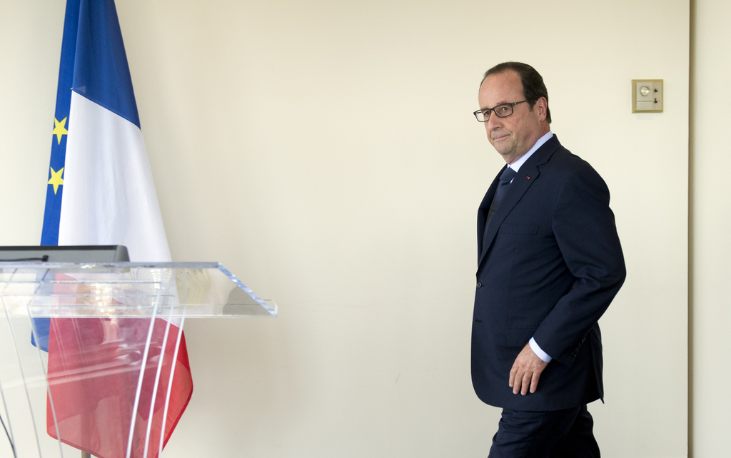 French President Francois Hollande arrives for a news conference, Wednesday, Sept. 24, 2014, at the UN headquarters to make a statement on French hostage Herve Gourdel. (AP Photo/Alain Jocard, Pool)