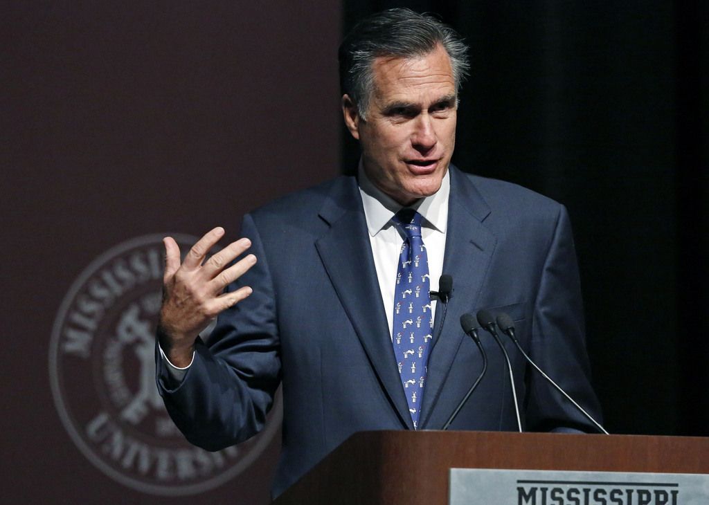 Former GOP presidential candidate Mitt Romney addresses the student body and guests at Mississippi State University in Starkville, Miss., Wednesday, Jan. 28, 2015. Romney joked about his time as a candidate and addressed a number of world issues including terrorism, world economy and domestically "the need for strong American leadership," and job creation for Americans. (AP Photo/Rogelio V. Solis)