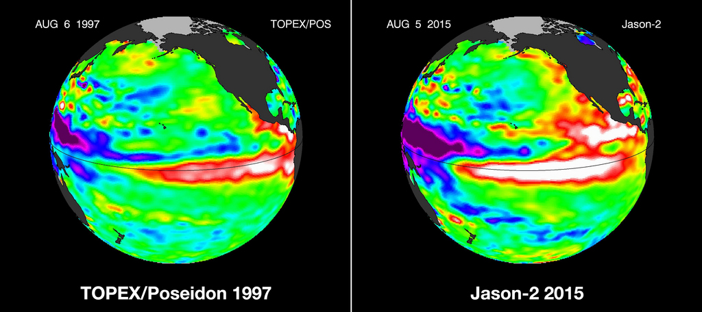El Nino apparaît ici en rouge, orange et blanc: ce sont les eaux des océans qui se réchauffent et qui perturbent le climat de la planète à large échelle.