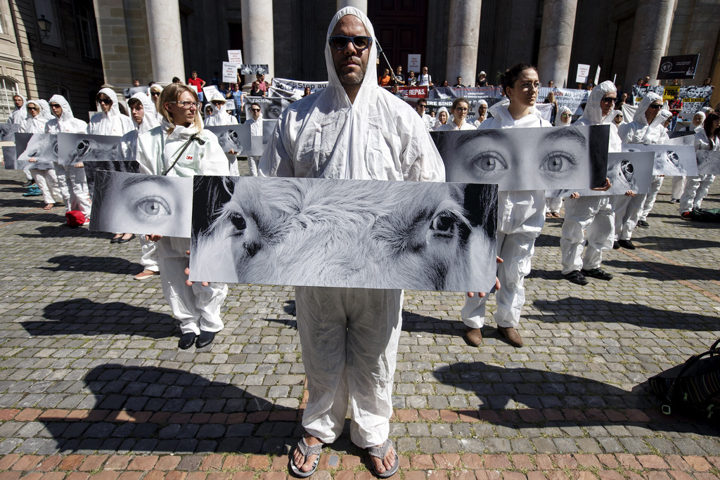 une centaine d'entre eux ont revêtu une combinaison blanche et ont brandi des photos de regards d'animaux et d'humains, en "mémoire des victimes du spécisme".