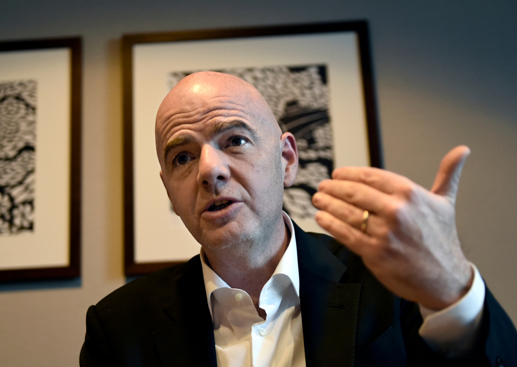 Gianni Infantino gestures  during a press conference in Copenhagen on Monday, Nov. 23, 2015. The three FIFA-Candidates presented themselves to the Nordic soccer chairmen during a meeting at Hotel Hilton in Copenhagen. (Lars Poulsen/POLFOTO via AP) DENMARK OUTinfantino DENMARK FIFA PRESIDENT CANDIDATES