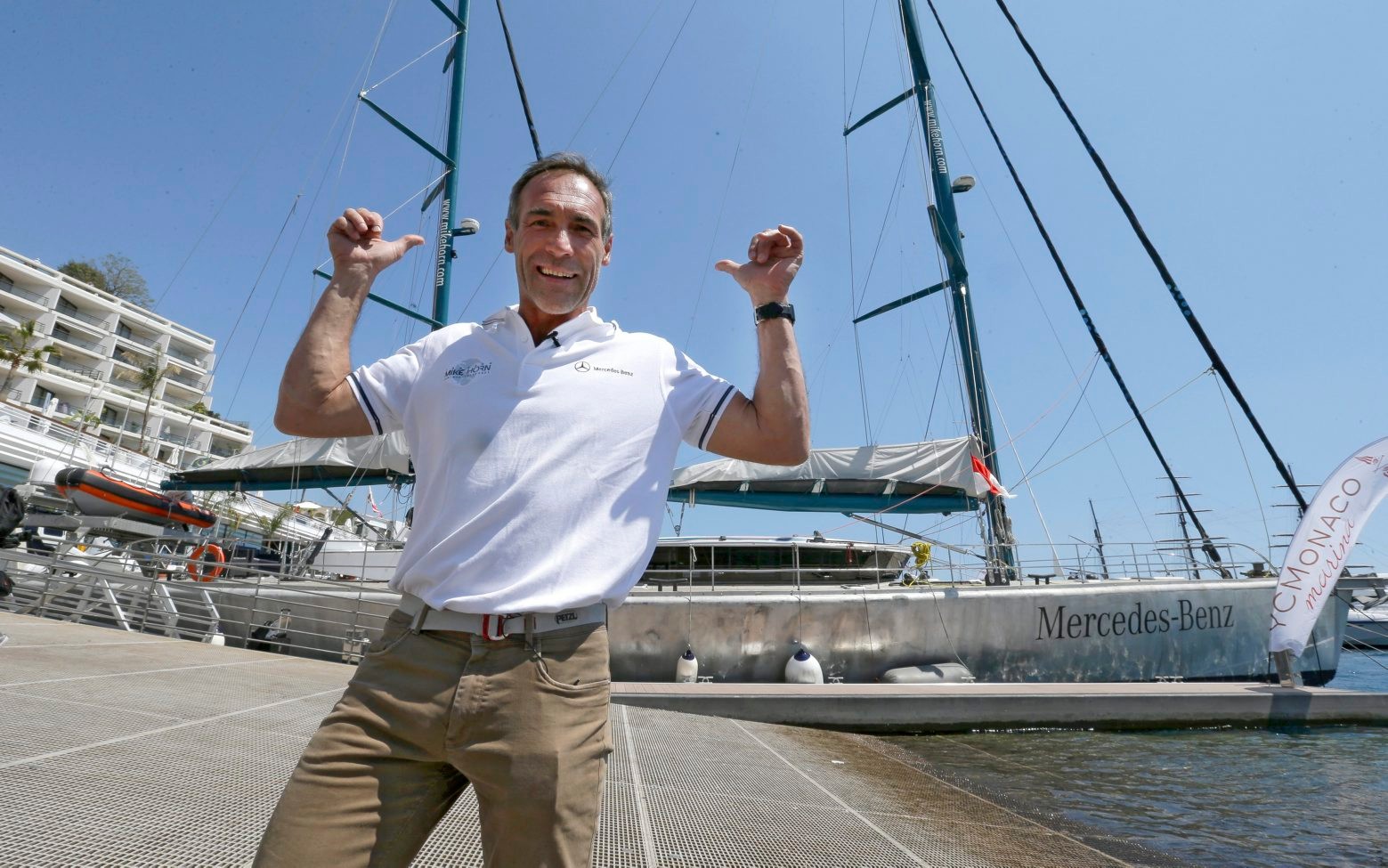 South African born, Swiss explorer and adventurer Mike Horn poses in front of his exploration yacht, "Pangaea" ahead of his expedition Pole2Pole to circumnavigate the world via the two poles, in Monaco, Friday, May 6, 2016. Mike Horn will set off on Sunday, May 8 from Monaco harbour. (AP Photo/Lionel Cironneau) Monaco Mike Horn