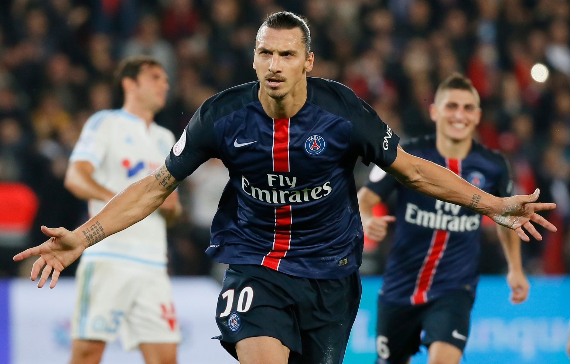 epa05303141 (FILE) A file picture dated 04 October 2015 shows Paris Saint Germain player Zlatan Ibrahimovic celebrates scoring a second penalty kick during the French soccer Ligue 1 match between Paris Saint Germain (PSG) and Olympique Marseille at the Parc des Princes stadium in Paris, France. Ibrahimovic announced via Twitter that he will leave Paris Saint-Germain at the end of this season.  EPA/IAN LANGSDON *** Local Caption *** 52291768 FILE FRANCE IBRAHIMOVIC