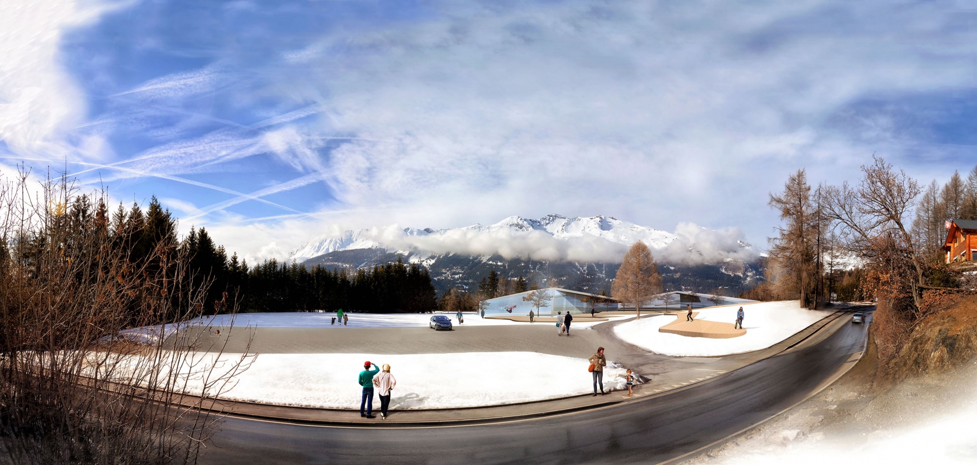 La dernière esquisse de l’Alaïa Chalet représente un bâtiment en arc de cercle au milieu duquel seront installées des infrastructures pour la pratique du skateboard. Le design quant à lui évoluera pour se rapprocher de l’image du chalet suisse. 
