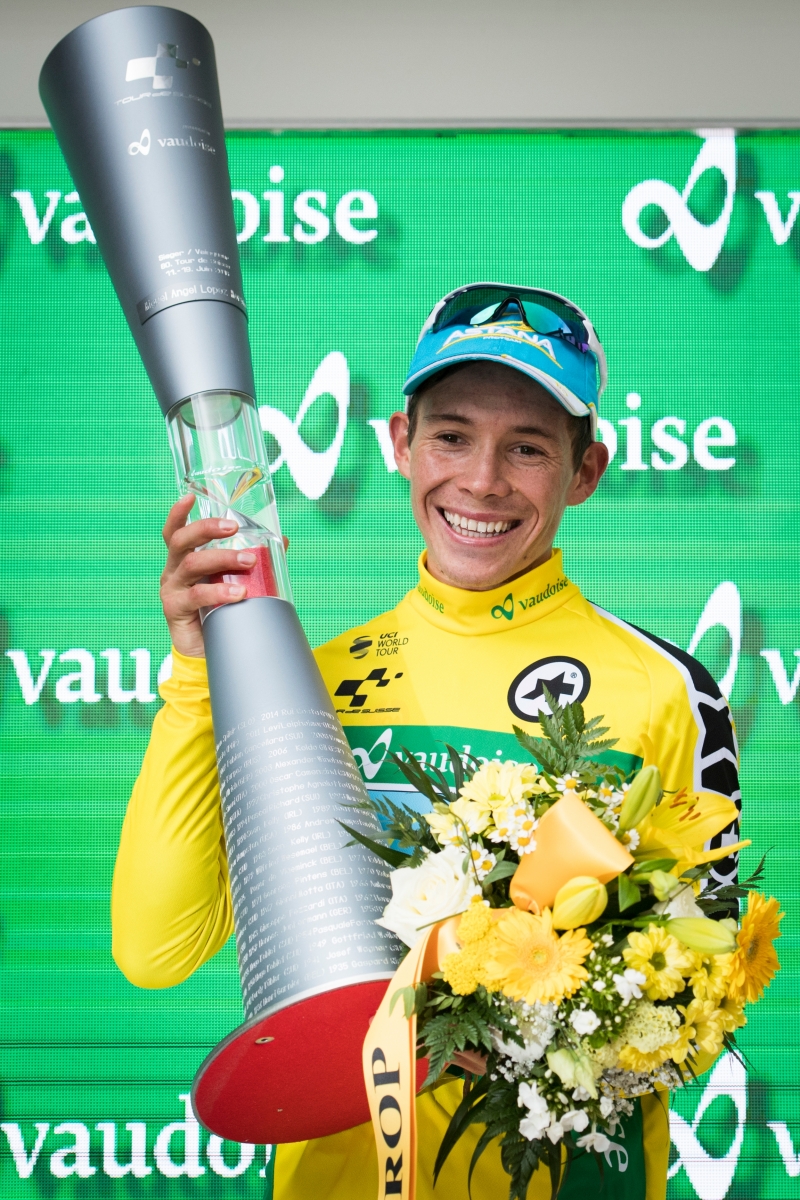 Miguel Angel Lopez Moreno from Columbia of Astana Pro Team celebrates on the podium after winning the 80th Tour de Suisse UCI ProTour cycling race, following the 9th and last stage over 57 km from La Punt to Davos, Switzerland, June 19, 2016. (KEYSTONE/Gian Ehrenzeller) SWITZERLAND CYCLING TOUR DE SUISSE 2016