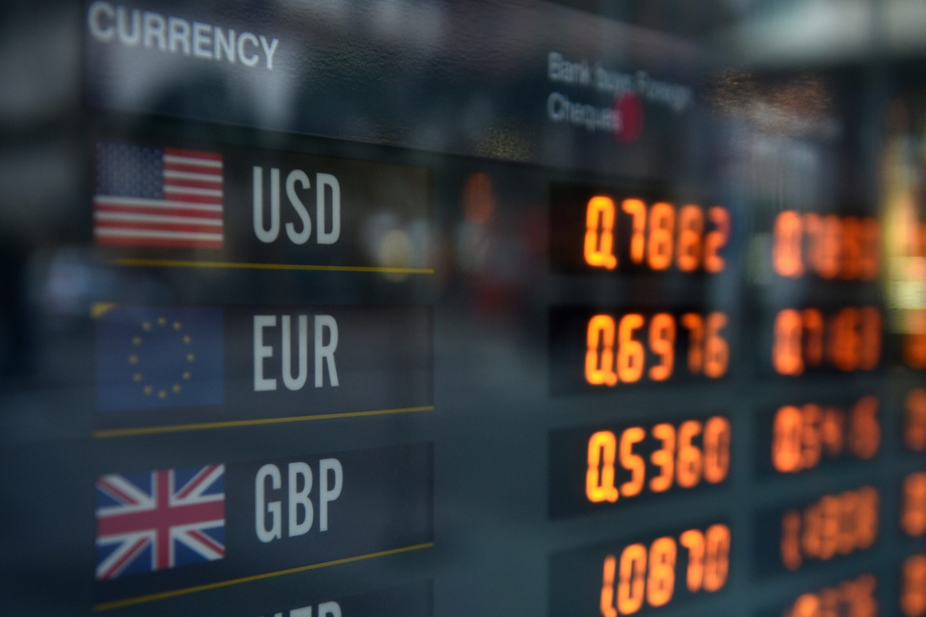 epa05385296 Foreign currency exchanges are seen displayed on a board in Sydney, New South Wales, Australia, 23 June 2016, as Britain heads to the polls to vote on whether to exit the European Union (EU), commonly abbreviated as 'Brexit' (British exit), analysts are tipping both the Euro and the Pound Sterling will fall if the vote to exit succeeds.  EPA/DAN HIMBRECHTS AUSTRALIA AND NEW ZEALAND OUT AUSTRALIA FOREIGN EXCHANGE BREXIT