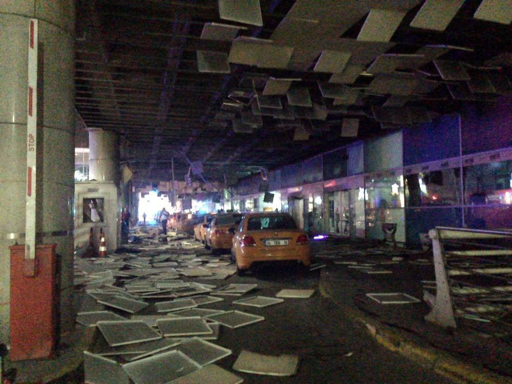 An entrance of the Ataturk Airport in Istanbul after explosions, Tuesday, June 28, 2016. Two explosions have rocked Istanbul's Ataturk airport, killing at least 10 people and wounding around 20 others, Turkey's justice minister and another official said Tuesday.  (DHA via AP) TURKEY OUT Turkey Airport Blasts