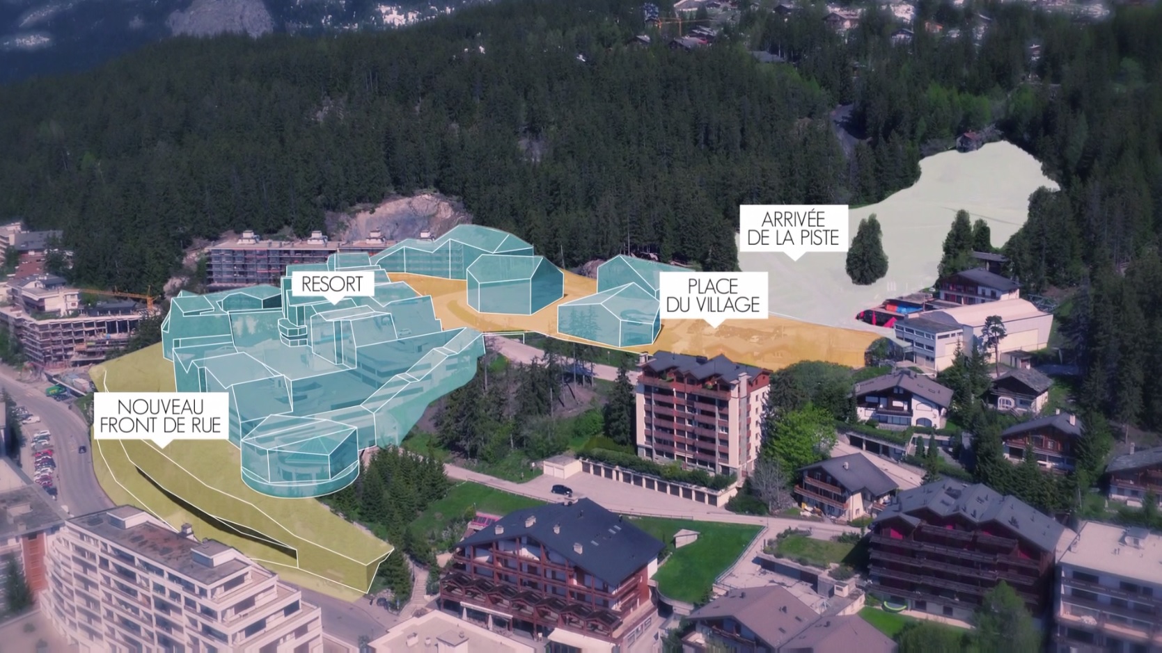 En bleu, le complexe comprenant un hôtel et des résidences secondaires. En vert, une extension de la partie hôtelière possible dans une deuxième temps. 