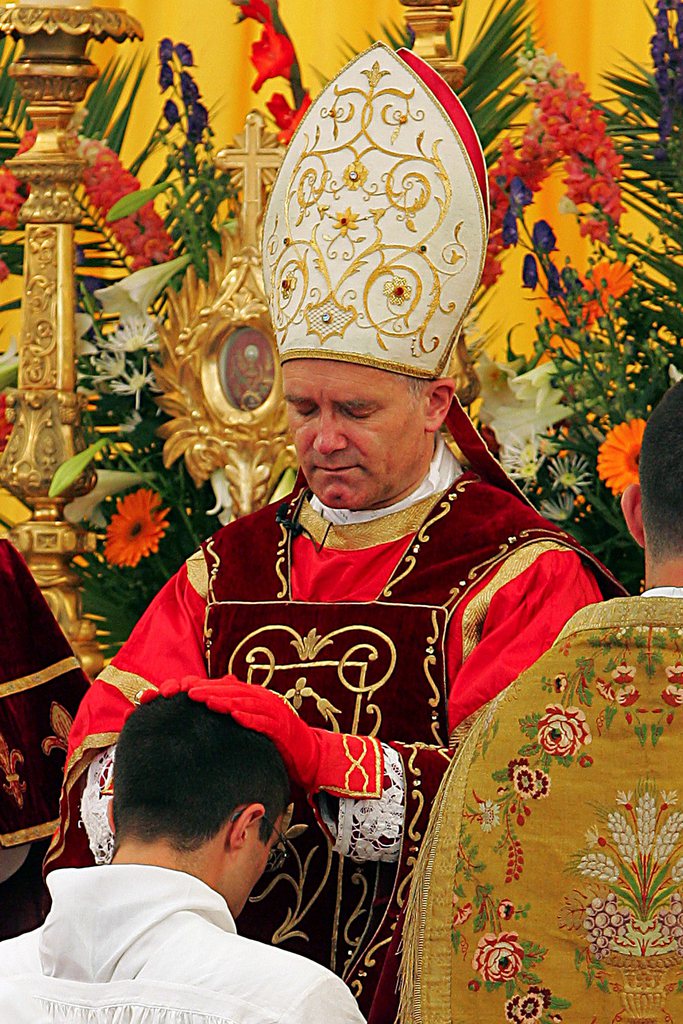 Mgr Bernard Fellay preside l'ordination de cinq pretres, tous de nationalites differentes, ce mercredi 29 juin 2005 a Econe (VS).  La ceremonie, qui a rassemble pres de 3000 personnes, etait presidee par le superieur general de la Fraternite, Mgr Bernard Fellay. Longue de quatre heures, la ceremonie s'est deroulee dans une prairie situee en contrebas de l'eglise d'Econe trop petite pour recevoir autant de monde. Les cinq nouveaux pretres viennent respectivement de France, de Suisse, d'Amerique, du Gabon et d'Australie. (KEYSTONE/Olivier Maire)