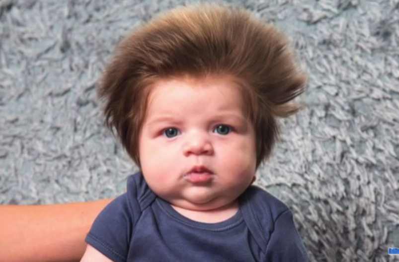 Junior n'a que huit semaines, mais il a déjà une touffe de cheveux qui défient les lois de la gravité. 