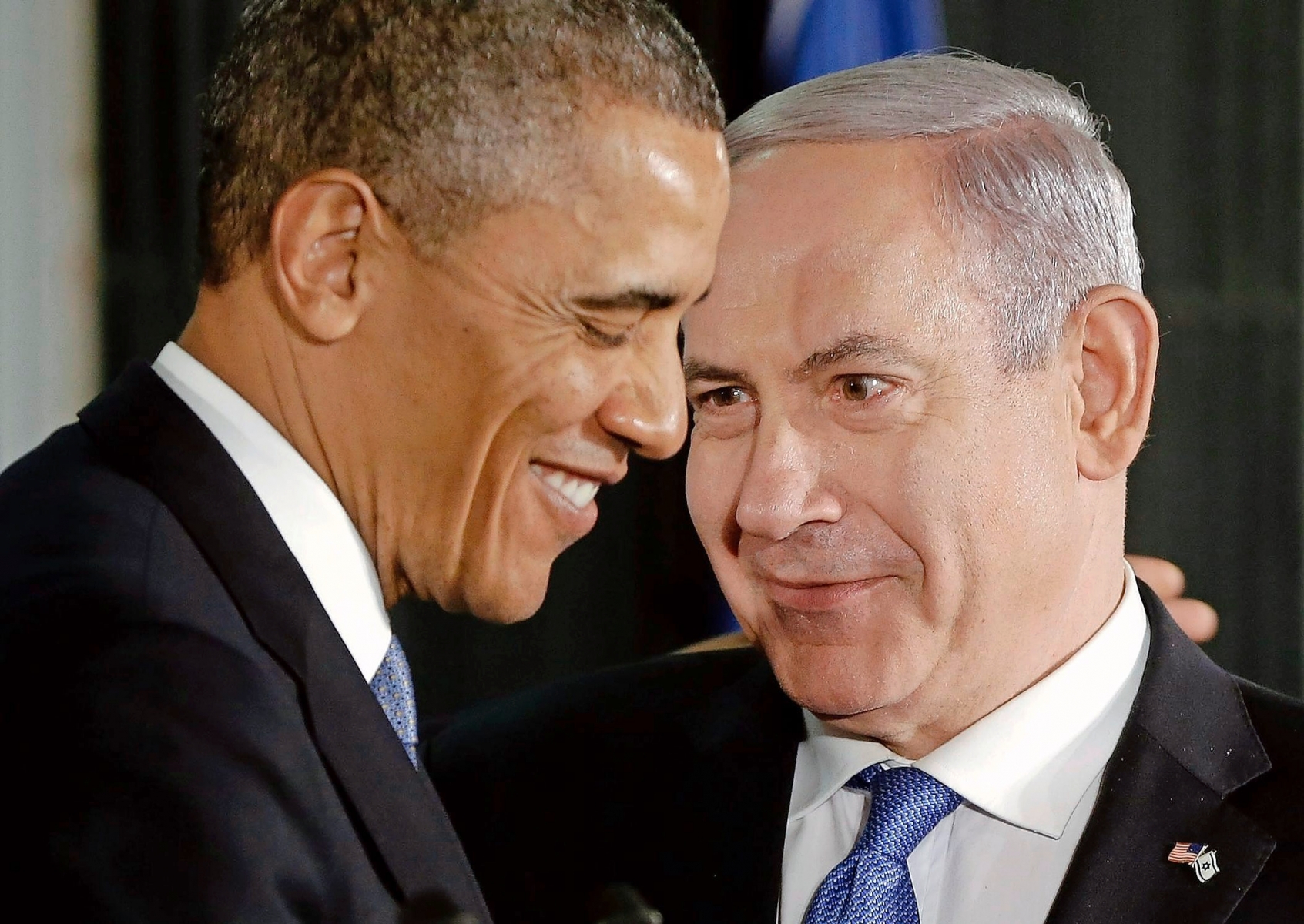 President Barack Obama and Israeli Prime Minister Benjamin Netanyahu huddle during their joint news conference in Jerusalem, Israel,Wednesday, March 20, 2013. (AP Photo/Pablo Martinez Monsivais) US Obama Mideast Israel