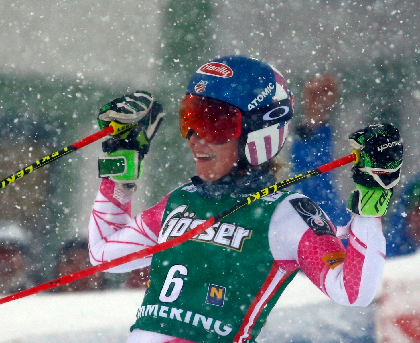 United States's Mikaela Shiffrin celebrates after winning an alpine ski, women's World Cup Giant Slalom, in Semmering, Austria, Wednesday, Dec. 28, 2016. (AP Photo/Giovanni Auletta) Austria Alpine Skiing World Cup