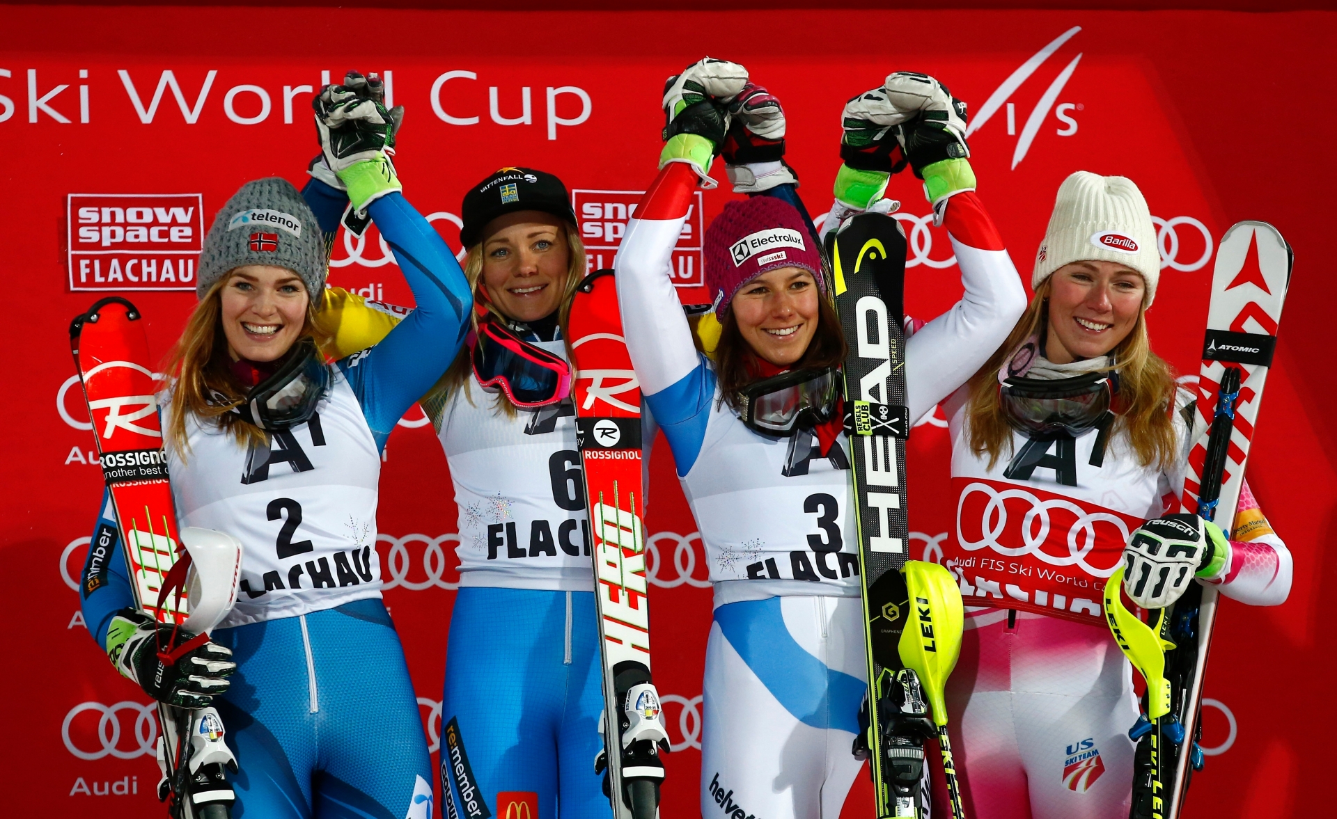 Sweden's Frida Hansdotter, second from left, winner of an alpine ski, women's World Cup slalom, celebrates on the podium with second-placed Norway's Nina Loeseth, left, and shared third-placed Switzerland's Wendy Holdener, and United States's Mikaela Shiffrin, right, in Flachau, Austria, Tuesday, Jan. 10, 2017. (AP Photo/Giovanni Auletta) Austria Alpine Skiing World Cup