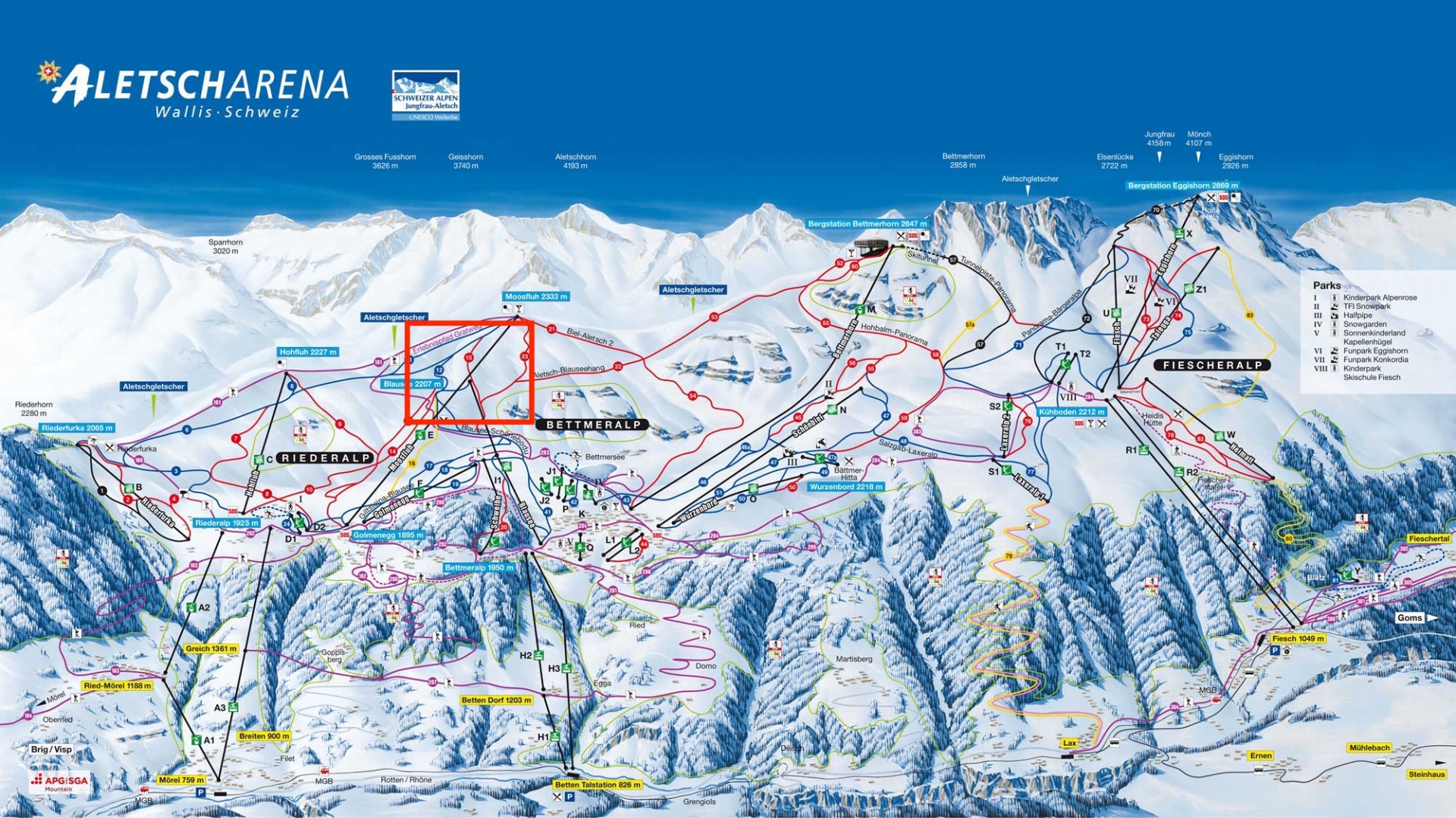 La piste Blauseehang, en encadré sur le plan, est une piste rouge du domaine skiable de l'Aletsch Arena.