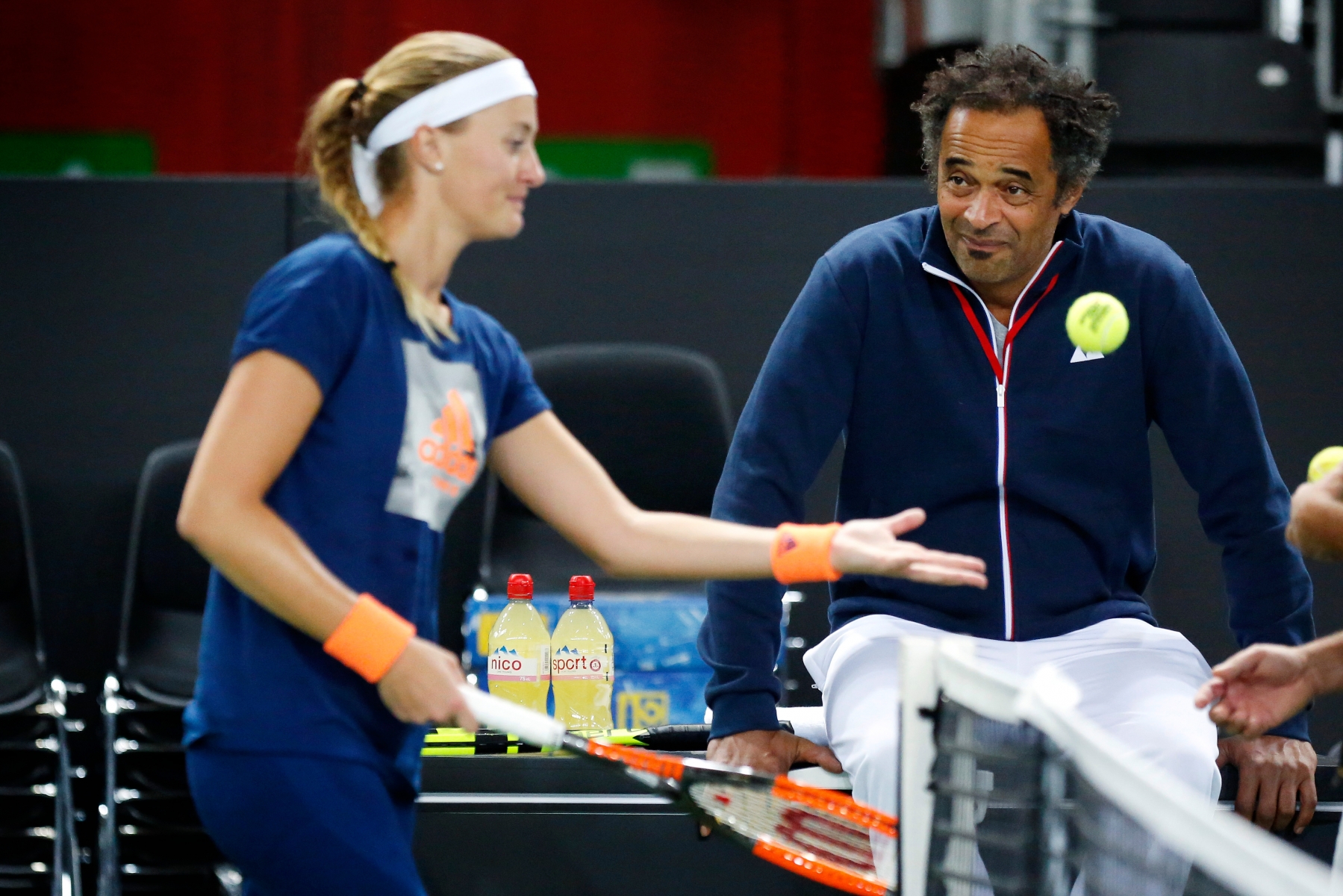 French Team captain Yannick Noah with Kristina Mladenovic, of France during a training session of the French Fed Cup Team prior the Fed Cup World Group first round match between Switzerland and France, at Palexpo, in Geneva, Tuesday 7 February 2017. The Fed Cup World Group first round Switzerland vs France will take place from 11 to February 12.

(KEYSTONE/Magali Girardin) SUISSE FEDCUP TRAINING SESSION