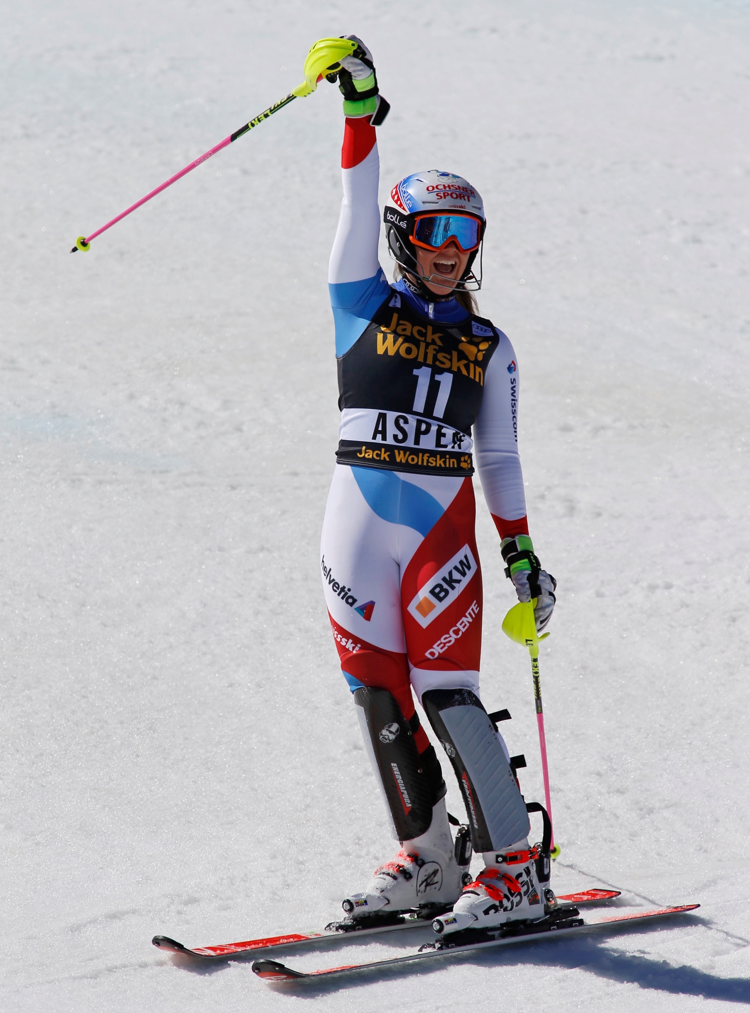 Switzerland's Melanie Meillard celebrates after the second run of a women's World Cup slalom ski race Saturday, March 18, 2017, in Aspen, Colo. (AP Photo/Nathan Bilow) WCup Womens Slalom Skiing