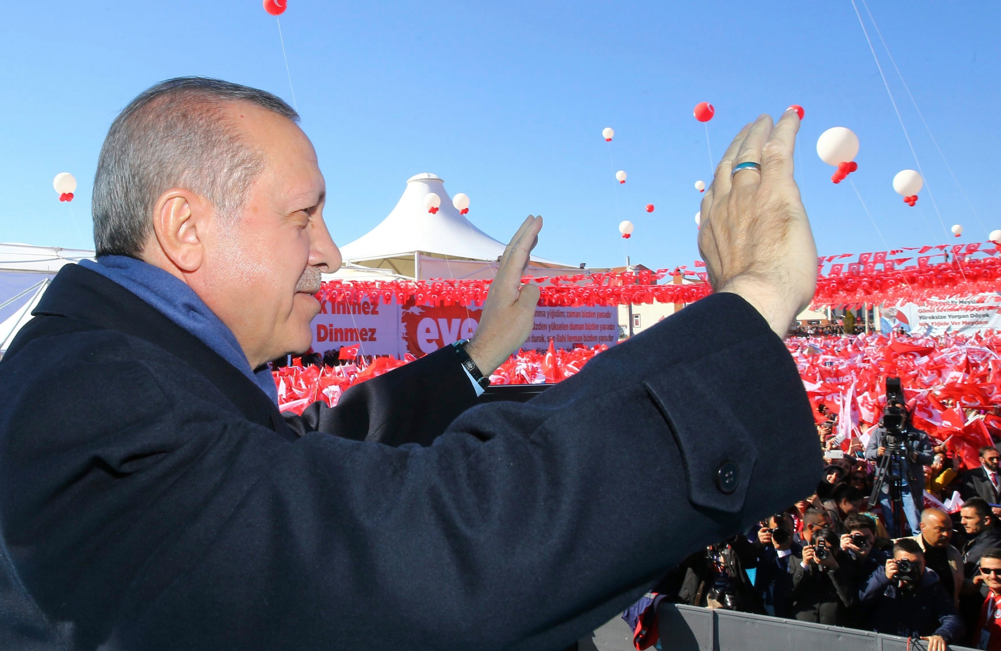 Turkey's President Recep Tayyip Erdogan addresses his supporters in Kastamonu, Turkey, Wednesday, March 22, 2017. Erdogan ramped up his anti-European rhetoric on Wednesday, warning that the safety of Western citizens could be in peril if European nations persist in what he described as arrogant conduct. Erdogan's remarks came amid tension over Dutch and German restrictions on Turkish officials who tried to campaign for diaspora votes ahead of an April 16 referendum on expanding the powers of the Turkish presidency. (Kayhan Ozer/Presidential Press Service, Pool Photo via AP) Turkey Europe