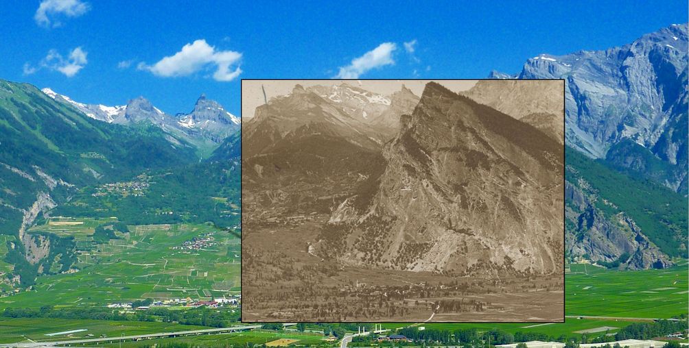 L'Ardève, la montagne emblématique de Leytron, photographiée en 1916 et en 2016. Grâce au logiciel, la superposition est parfaite.