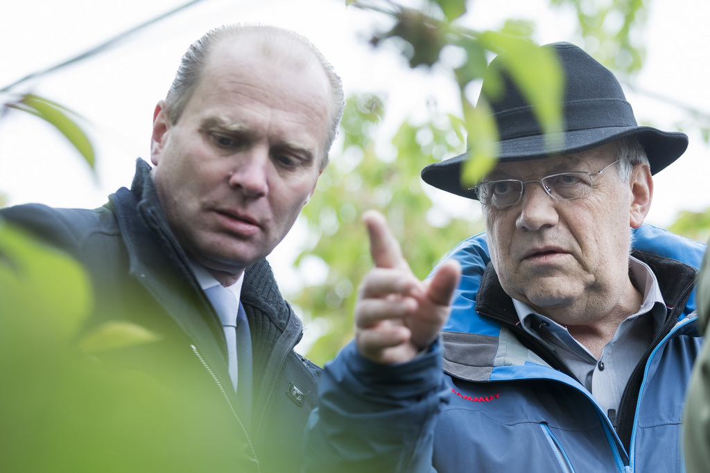 Johann Schneider-Ammann et Philippe Leuba constatent les dégâts causés par le gel dans un vignoble de Cudrefin (VD).