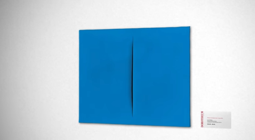 L'oeuvre est l'un des monochromes que Lucio Fontana lacère, des oeuvres appelées "tableaux à entailles" qui peuvent valoir plusieurs millions d'euros.