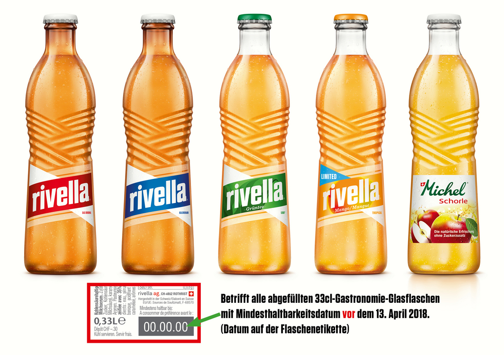 Les produits concernés sont les bouteilles en verre de 33 cl Rivella Rouge, Bleu, Thé vert et Mangue, ainsi que Michel Schorle vendus dans le secteur de la gastronomie. 
