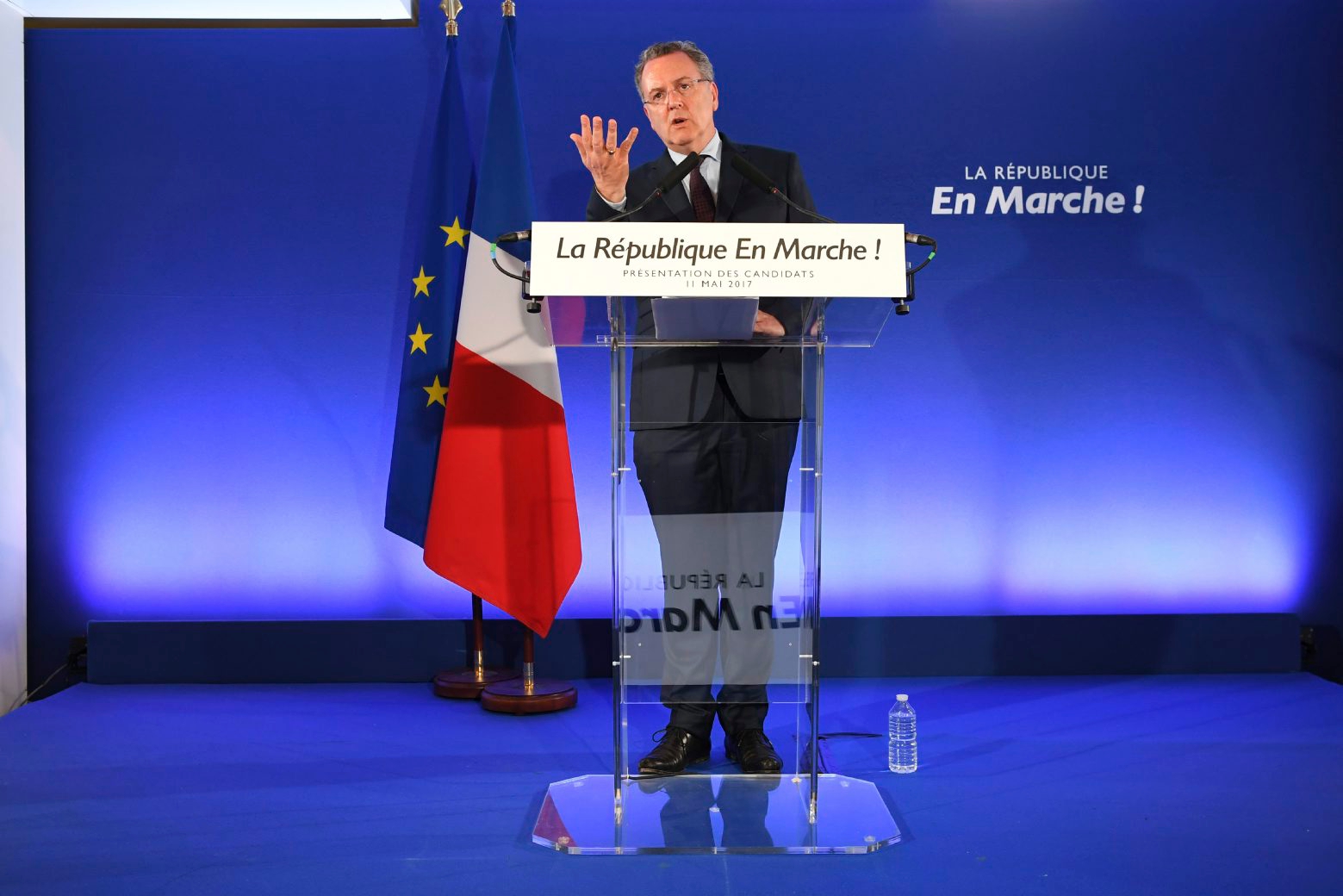 Richard Ferrand, the secretary-general of Macron's Republic on the Move party, attends a press conference for the upcoming National Assembly elections, at the party headquarters in Paris, Thursday, May 11, 2017. President-elect Emmanuel Macron's party has revealed a list of 428 people running for parliament next month, half of them women, most who have never held elected office, as he tries to remake France's political system. (Eric Feferberg/ pool photo via AP) France Elections