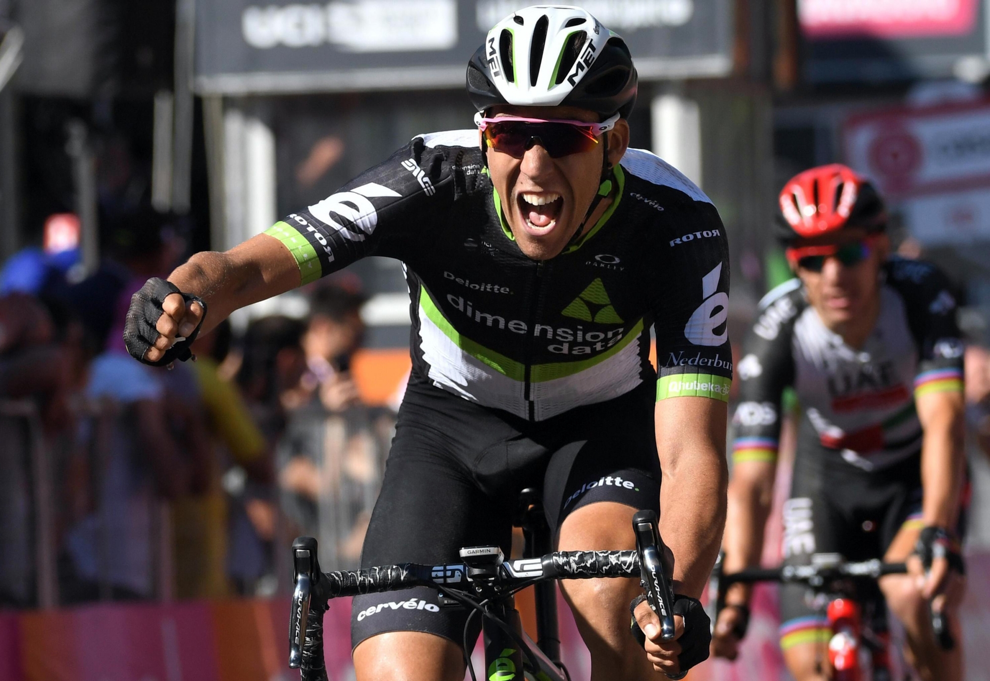 Omar Fraile of Spain celebrates after winning the 11th stage of Giro d'Italia, Tour of Italy cycling race, from Florence to Bagno di Romagna, Wednesday, May 17, 2017. (Alessandro Di Meo/ANSA via AP) Italy Giro Cycling