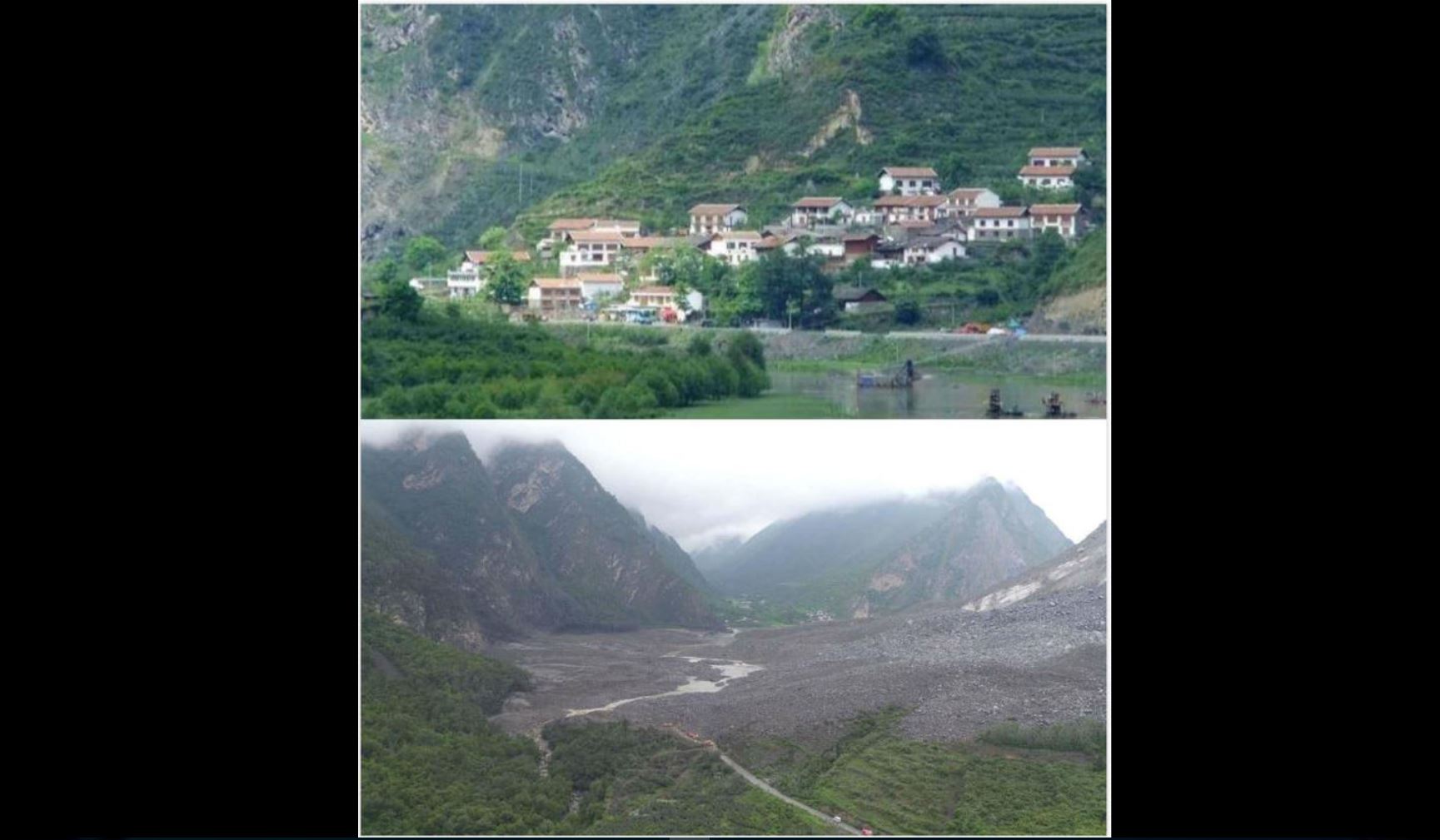 Le village de Xinmo, avant (haut) et après (bas)