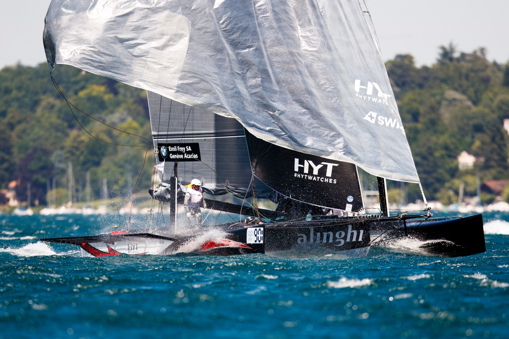 M1 class, D35 sailboat "Alinghi 1" approaches the finish line to complete the race in 5 hours 11 minutes and 6 seconds and win the 79th "Bol d'Or" sailing race on Lake Geneva, in Geneva, Switzerland, on Saturday, June 17, 2017. About 550 boats participate in this weekend's Bol d'Or, the largest sailing race held on a lake in Europe. (KEYSTONE/Valentin Flauraud) SWITZERLAND SAILING BOL D'OR