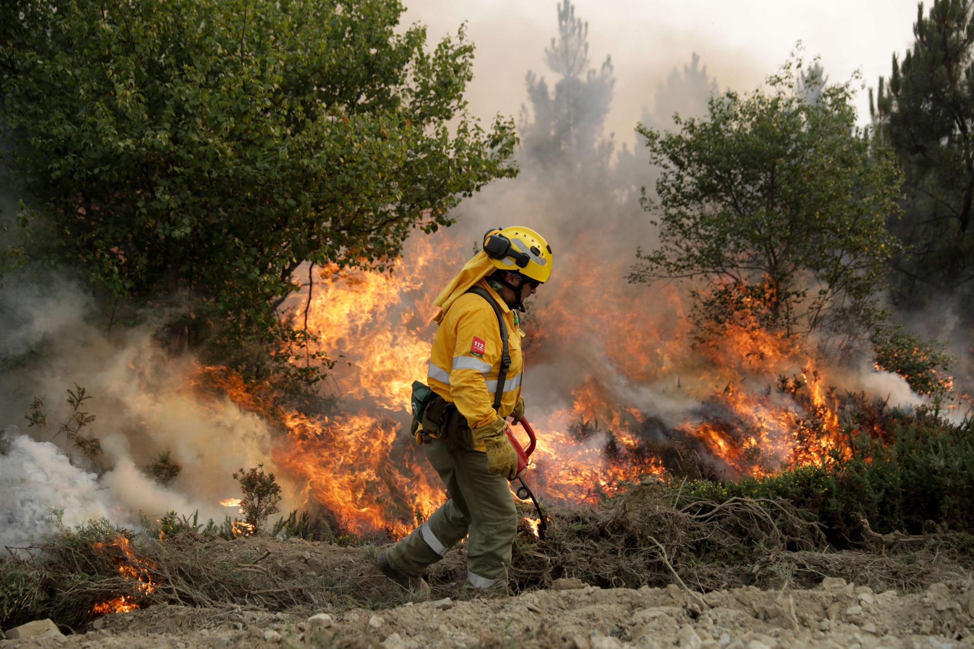 epa06041976 A Spanish specialist firefighter ignites a controlled fire on Alto do Soeirinho, as they fight the forest fire in Pampilhosa da Serra, center of Portugal, 21 June 2017. The wildfires in the center of Portugal gather 1153 firemen, 403 land vehicules, and 14 planes and helicopters.  EPA/TIAGO PETINGA PORTUGAL FIRES IN PAMPILHOSA