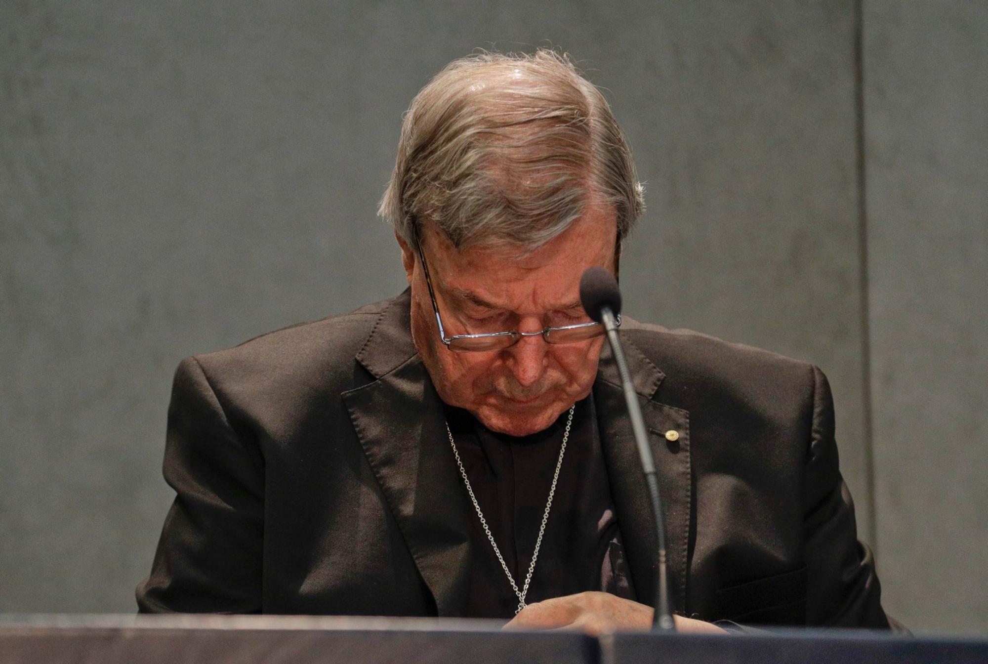 Cardinal George Pell meets the media, at the Vatican, Thursday, June 29, 2017. The Catholic Archdiocese of Sydney says Vatican Cardinal George Pell will return to Australia to fight sexual assault charges as soon as possible. (AP Photo/Gregorio Borgia) APTOPIX Vatican Pell