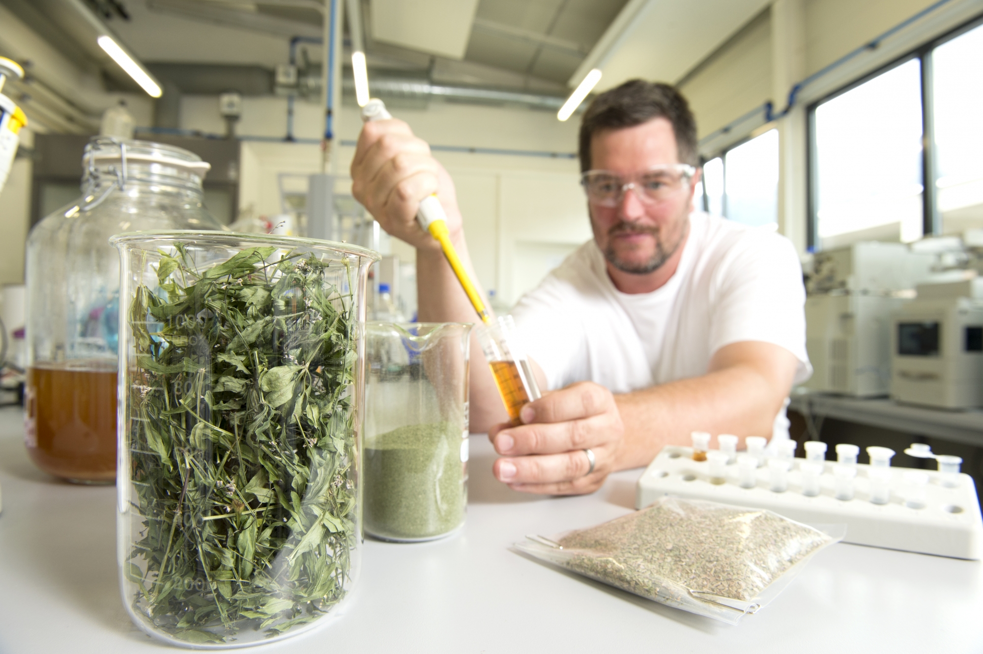 Processus de création d'un produit cosmétique à base de plantes alpines avec Julien Héritier, le responsable d'exploitation du site technologique PhytoArk à Conthey.