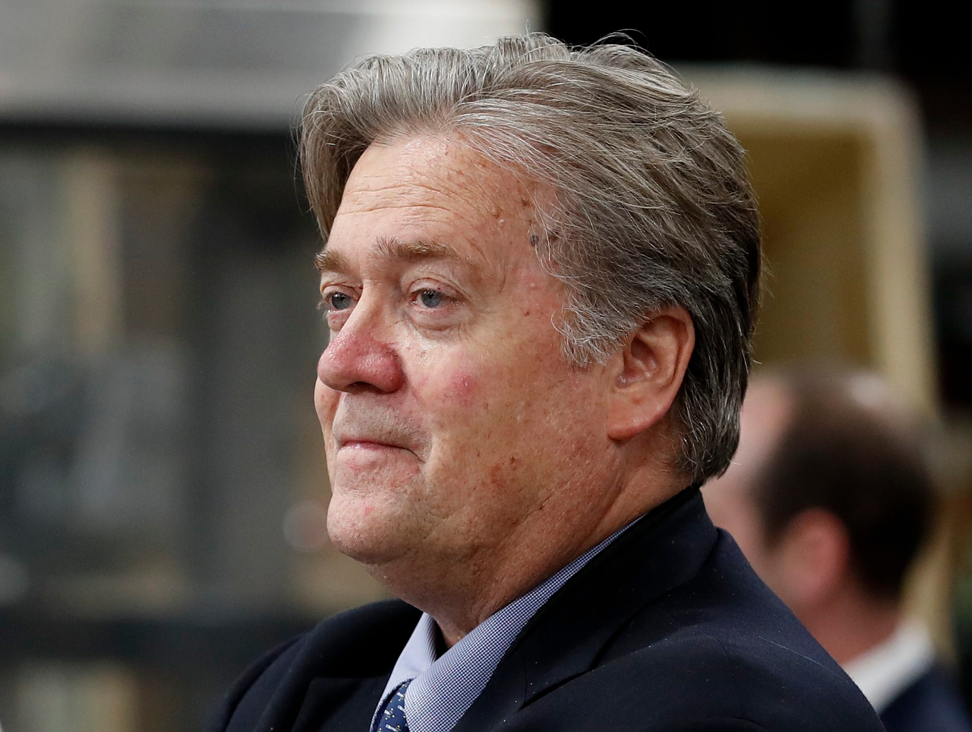 FILE - In this April 29, 2017, file photo, Steve Bannon, chief White House strategist to President Donald Trump is seen in Harrisburg, Pa. According to a source, Bannon is leaving White House post. (AP Photo/Carolyn Kaster, File) Trump Bannon