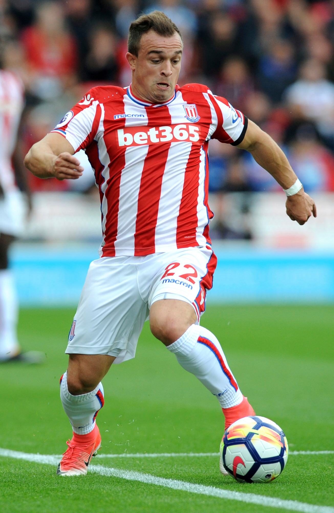 Stoke's Xherdan Shaqiri during the English Premier League soccer match between Stoke City and Arsenal at the Bet365 Stadium in Stoke on Trent, England, Saturday, Aug. 19, 2017. (AP Photo/Rui Vieira)d BRITAIN SOCCER PREMIER LEAGUE
