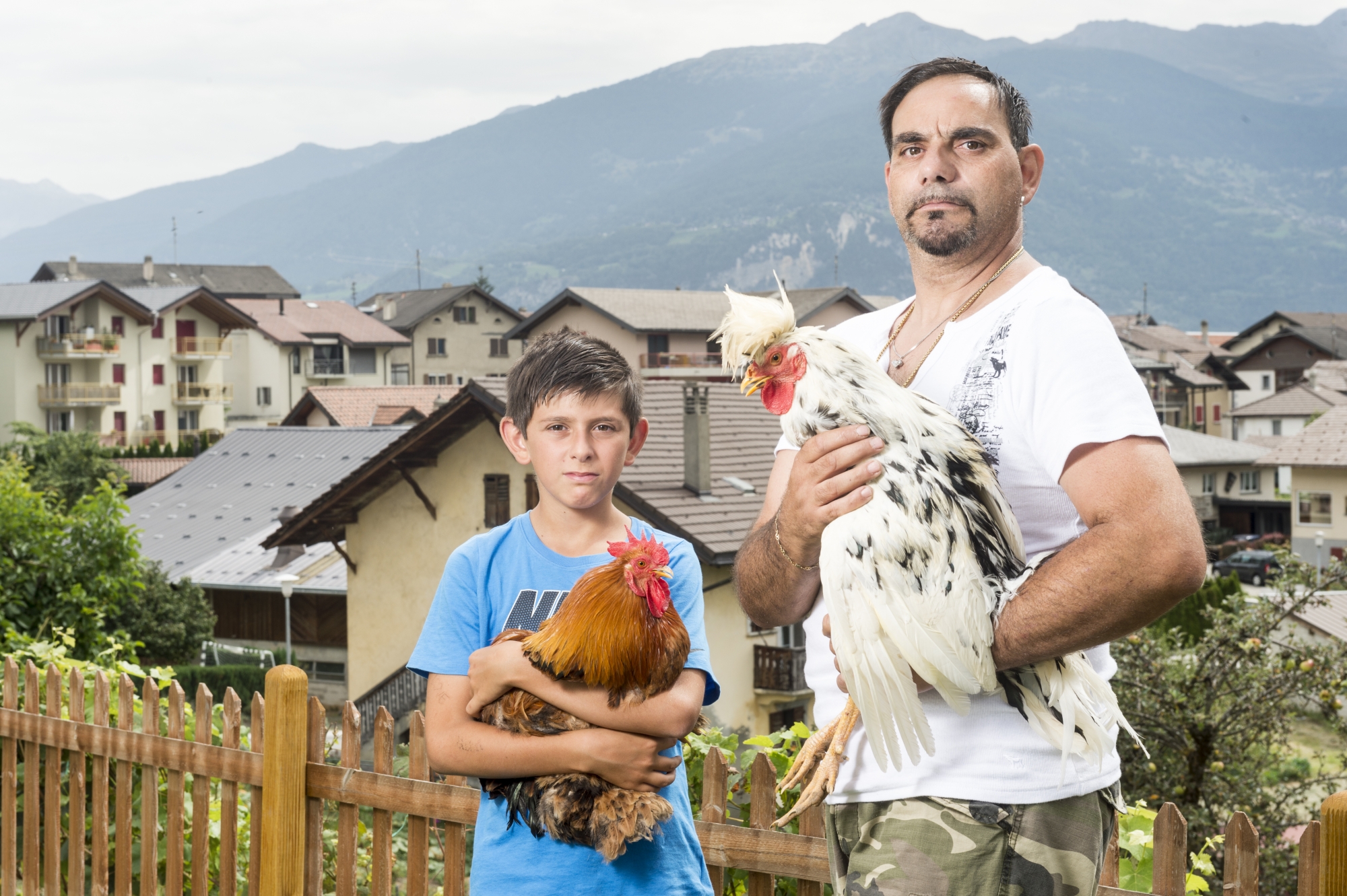 Claudio Cimino et son fils Alessio portent les deux coqs "trop bruyants" pour certains voisins: Pecounet le roux et Jo le blanc ne laissent personne indifférent à Roumaz.